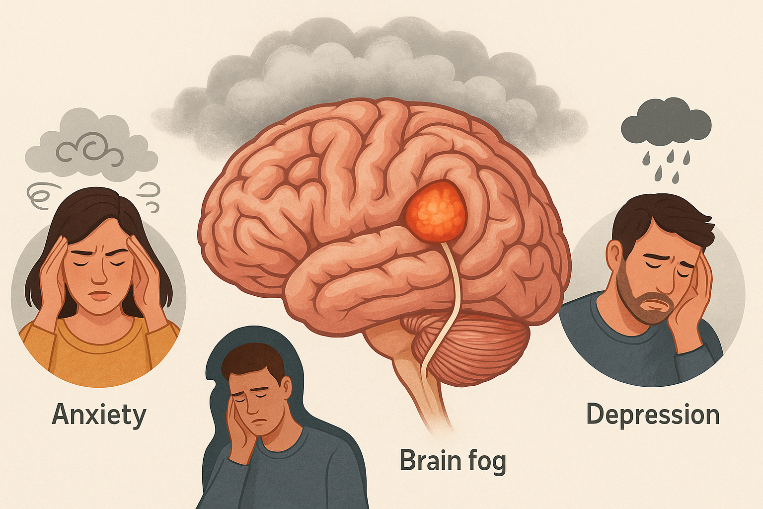 Illustration of a brain with a tumour on it sitting beneath a grey cloud labelled brain fog, flanked by two figures holding their heads, labelled anxiety and depression