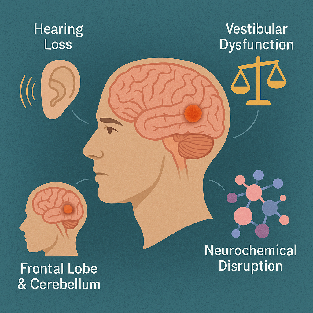 Diagram of a head in profile showing an acoustic neuroma on the brain, with four labelled causes of brain fog: hearing loss, vestibular dysfunction, frontal lobe and cerebellum, and neurochemical disruption