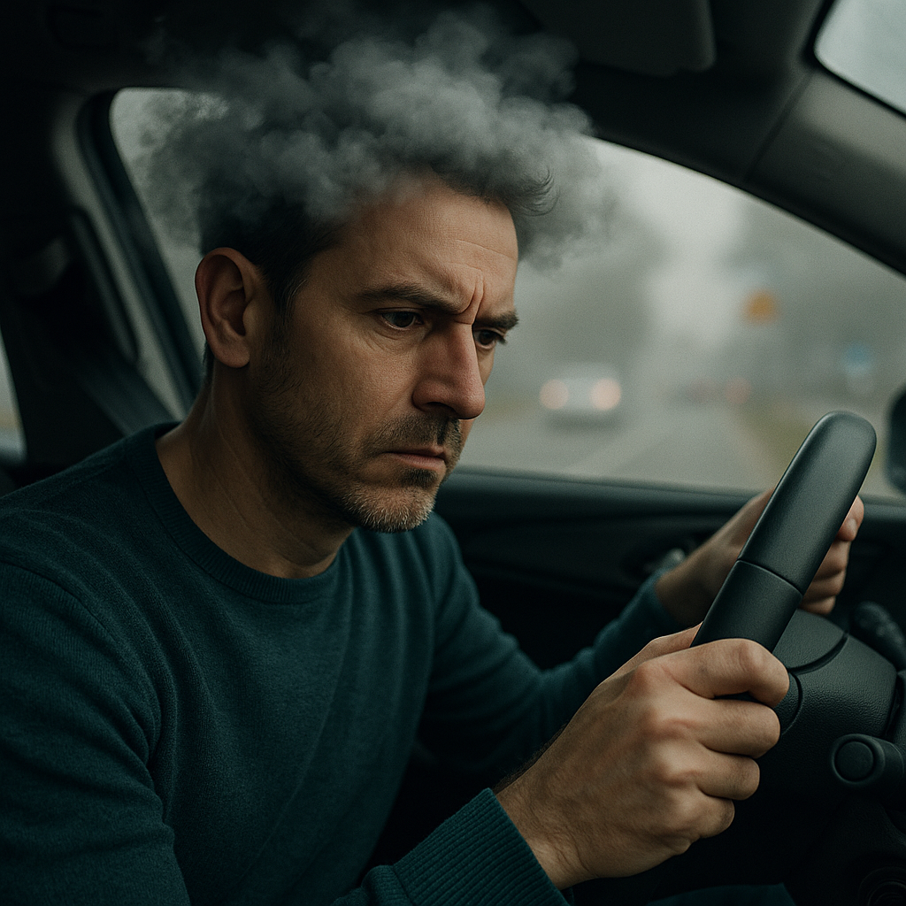 A driver gripping the steering wheel with a troubled expression and a cloud of fog around his head, the road ahead blurred