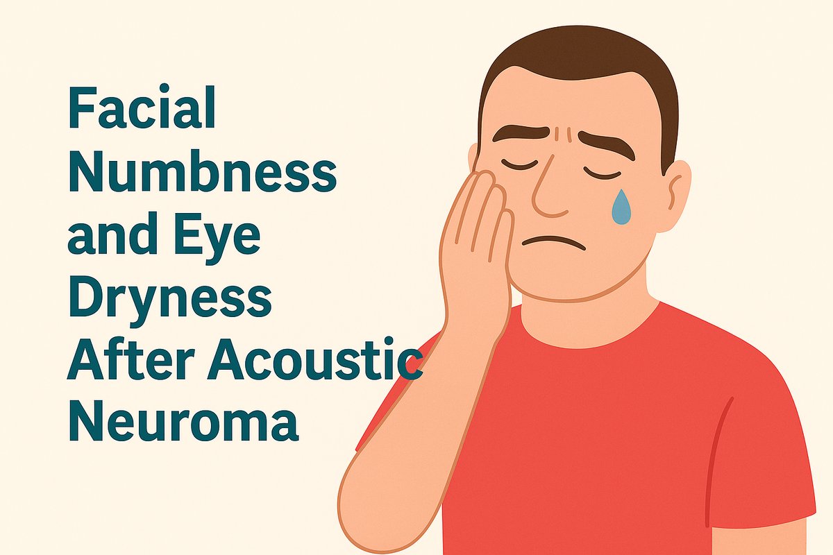 Illustration of a man resting a hand against his numb cheek with a tear running from that eye, beside the title Facial Numbness and Eye Dryness After Acoustic Neuroma